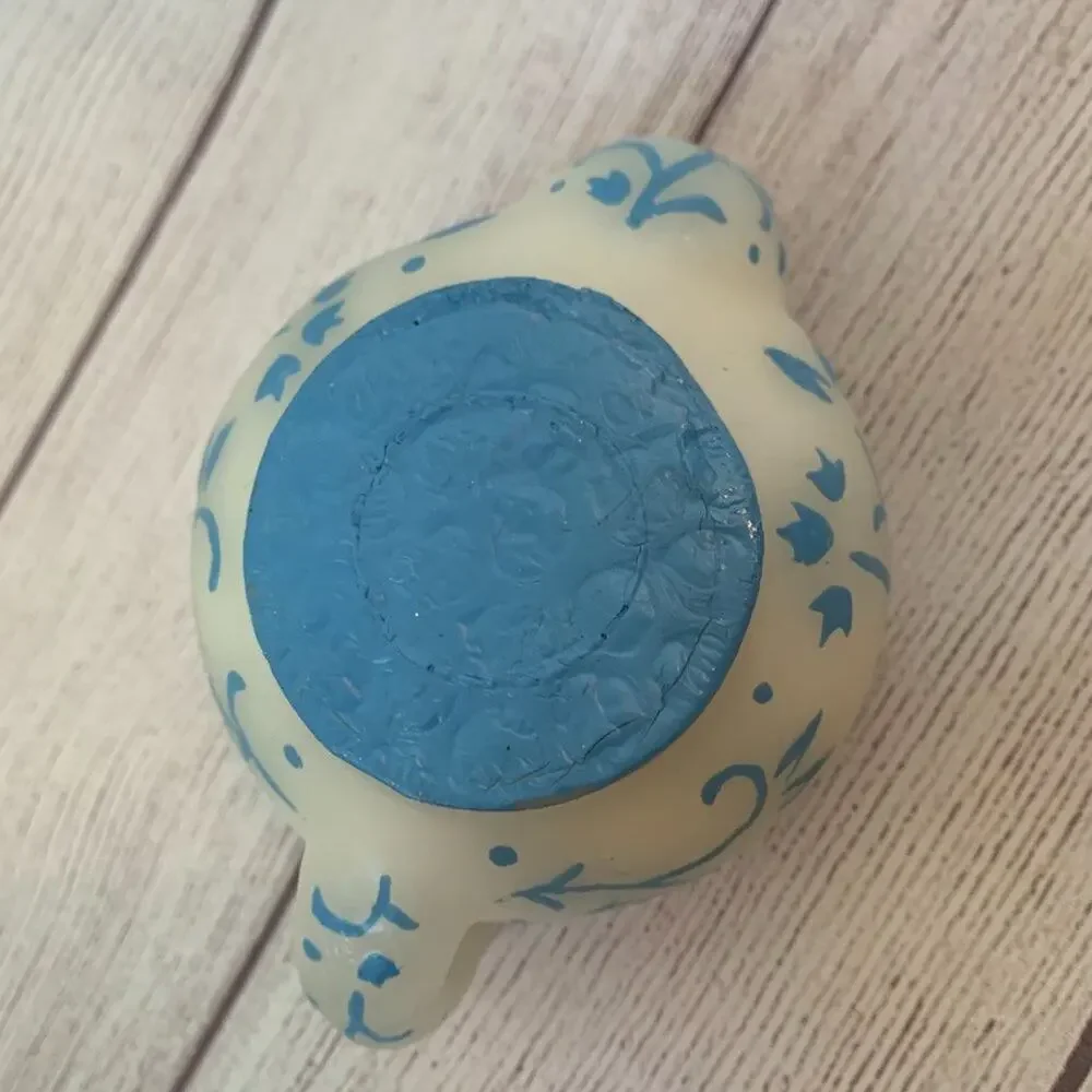 Teapot Shaped Candle White with Blue Floral Design Unlit 2 1/2